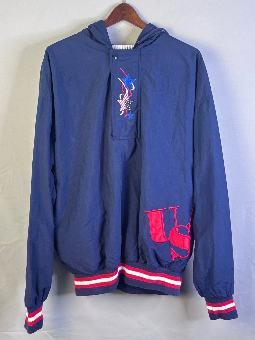 Vintage USA Stars & Stripes Navy Blue Hooded Windbreaker Pullover Jacket